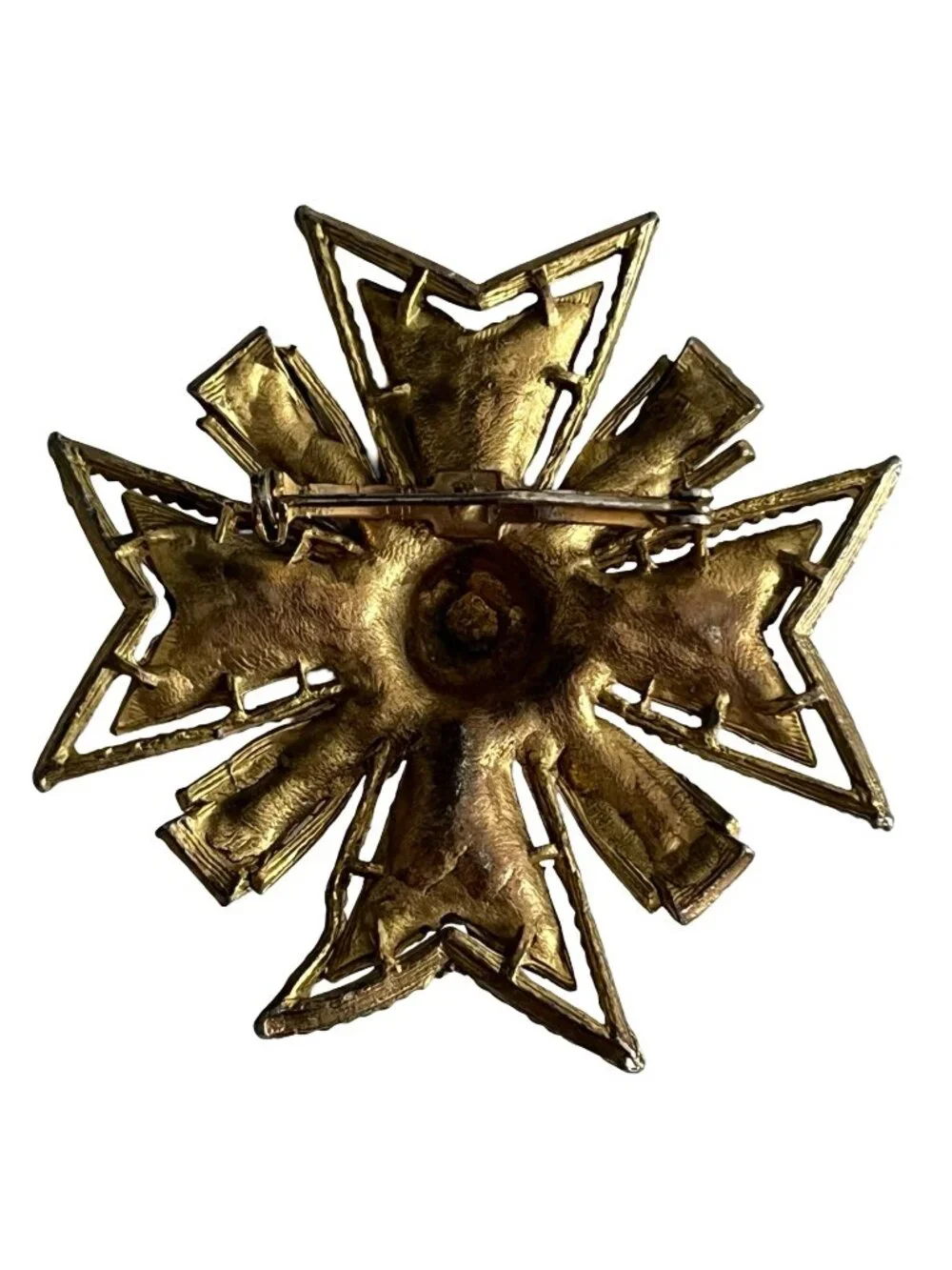 Vintage Maltese Cross Brooch Gold Tone Textured Ornate Statement Pin 2.5 Inch